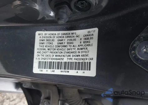 2017 Honda Civic Ex-T from USA, damaged, VIN 2HGFC1F30HH644292